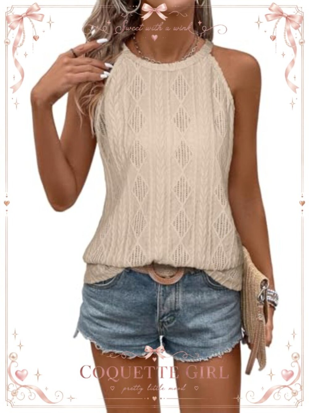 Crochet Knit Halter Tank Top Sleeveless Eyelet Textured Women's Blouse
